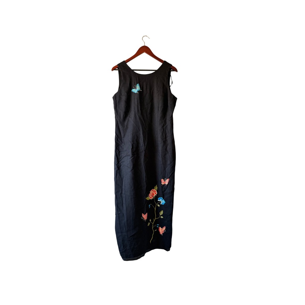 Vintage 90s Black Linen Blend‎ Embroidered Butterfly Maxi Dress Size large